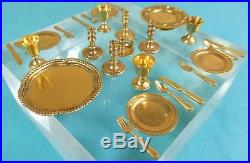 18 Carat Gold Dolls House Miniature Dinner Plates Cutlery Candlesticks Cups Tray
