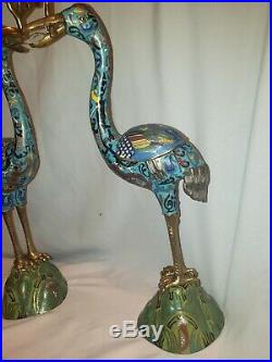 19.5 Vintage Pair Chinese Cloisonne Crane Candlestick Holders MINT Condition