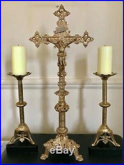 1900s French Large Freestanding Alter Crucifix & Vintage Matching Candlesticks