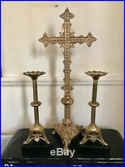 1900s French Large Freestanding Alter Crucifix & Vintage Matching Candlesticks
