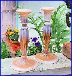 1920 FENTON #232 vtg pink opalescent table art glass candle stick holders