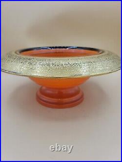1924 antique VTG Flint glass Console Set Orange embossed gold candlesticks bowl