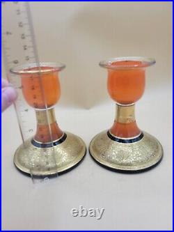 1924 antique VTG Flint glass Console Set Orange embossed gold candlesticks bowl