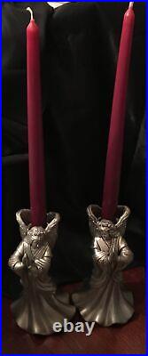 2 Angel Pewter Candle Sticks Ornate Christmas Holiday Decorations Vtg 7