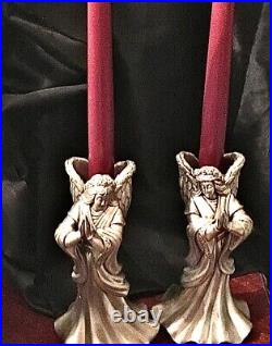 2 Angel Pewter Candle Sticks Ornate Christmas Holiday Decorations Vtg 7