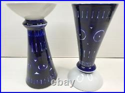 2 Arabia Finland Valencia Candlesticks Set Vintage Blue White Pottery Decoration