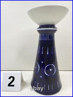 2 Arabia Finland Valencia Candlesticks Set Vintage Blue White Pottery Decoration