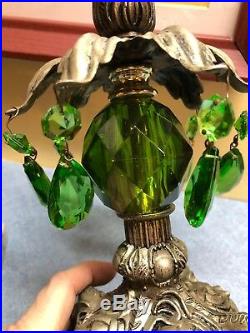 2 BOBOCHE Lamps Green PRISMS Vintage Cast Metal Marble Base 9.5 Candlesticks