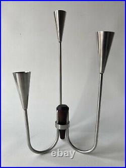 2 Danish Mid Century Candelabra Teak & Steel Candle Sticks / Holders 60s 70s Vtg