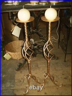 2 Danish Vintage Bohemian Gold coloured iron Candle sticks + plant wax candles