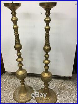 2 Large Vintage 32 Tall Brass Floor Candlestick Holder