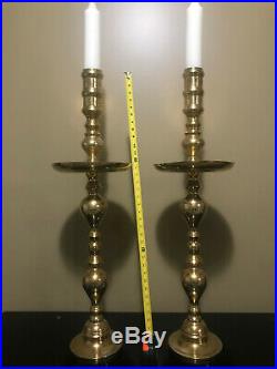 2 Large Vintage 37 Brass Floor Candle Holders, Candlesticks, Engraved Brass