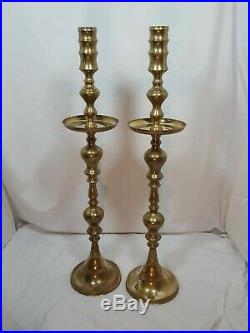 2 Large Vintage Tall Brass Floor Candlesticks Candle Holders Altar Church Temple