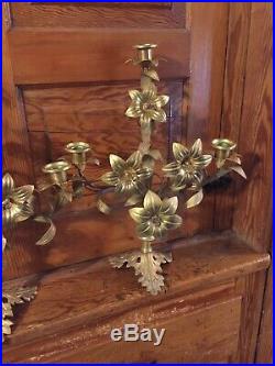2 Old French Antique Vintage Brass Church Floral Flowers Candlestick Canelabra