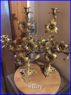 2 Old French Antique Vintage Brass Church Floral Flowers Candlestick Canelabra