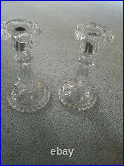 2 Signed Baccarat Raised Medallion Single Candelabras / Candlesticks NICE