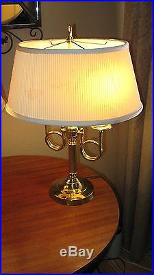 2 VTG 20 Brass French Horn Trumpet Candlestick lamps Oval Pleated Shades