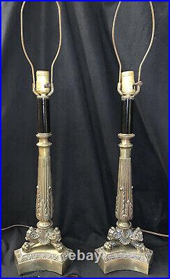 2 VTG French Empire Style Brass Candlestick Table Lamps, Lions Paw Tripod Base