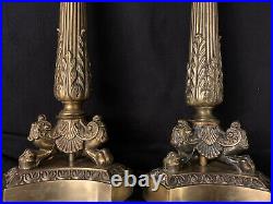 2 VTG French Empire Style Brass Candlestick Table Lamps, Lions Paw Tripod Base