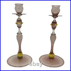 2 VTG Murano Light Amethyst And Yellow Hand-blown Glass Candlesticks