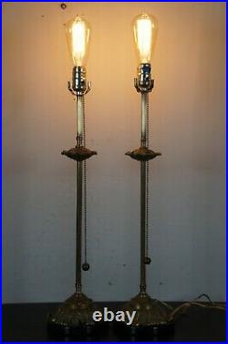 2 Vintage Baroque French Revival Brass & Marble Candlestick Buffet Table Lamps
