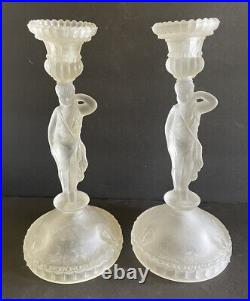 2 Vintage Figural Frosted & Clear Glass 10 Candle Sticks Maiden & Roman Soldier