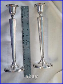 2 Vintage M Fred Hirsch 10 Inch Tall Sterling Silver Candle Sticks 659. + Grams