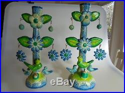 2 Vintage Mexico Pottery Ceramic Clay Folk Art Tree Of Life Candlestick Holders