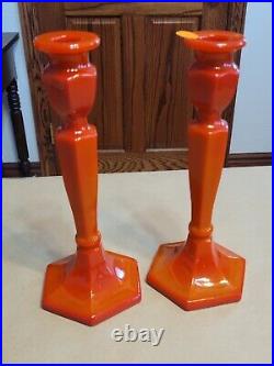 (2) Vintage Northwood Colonial #696 Coral Red 10 1/4 Tall Candlestick Holders