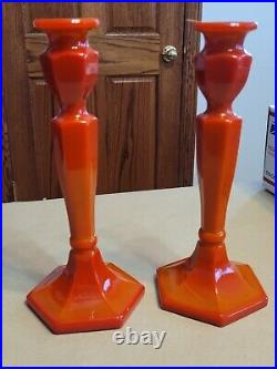 (2) Vintage Northwood Colonial #696 Coral Red 10 1/4 Tall Candlestick Holders
