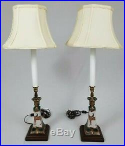 2 Vintage Porcelain Enamel Candlestick Lamps Wood Base Horse Jockey 30 1/4