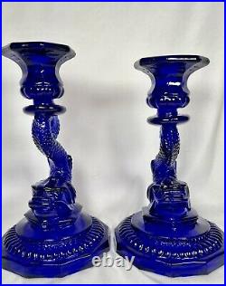 2 Vintage Portieux Vallerysthal Cobalt Blue Bearded Koi Candlestick Holders EUC