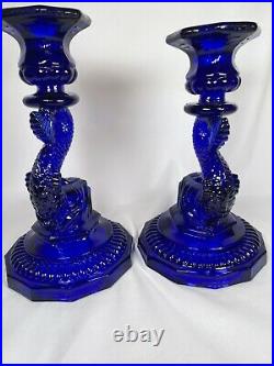 2 Vintage Portieux Vallerysthal Cobalt Blue Bearded Koi Candlestick Holders EUC