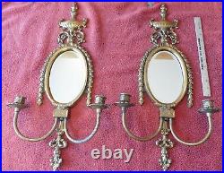 2 Vintage Solid Brass Wall Sconces Double Candle Stick Holder frames with Mirrors