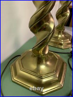 2 Vintage Stiffel Hollywood Regency Brass Barley Twist Candlestick Table Lamps
