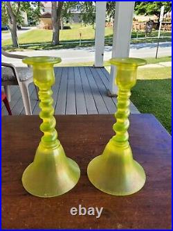 (2) Vintage US Glass 315 Vaseline Uranium Glass 9 5/8 Tall Candlestick Holders