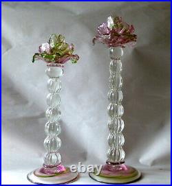 2 Vintage Venetian Blown Glass Floriform 14 Candlesticks w Pink Green Roses