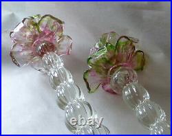 2 Vintage Venetian Blown Glass Floriform 14 Candlesticks w Pink Green Roses