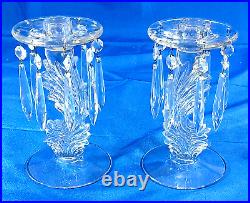 2 Vtg 1937 Fostoria Glass Candlesticks Clear Flame Feather Crystal Prism Bobeche