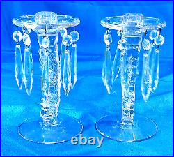 2 Vtg 1937 Fostoria Glass Candlesticks Clear Flame Feather Crystal Prism Bobeche