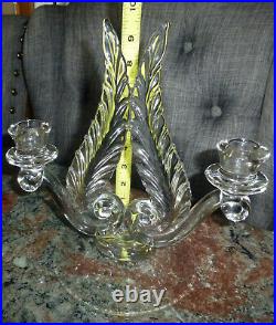 2 Vtg Elegant Fostoria Glass Plume Feather Design Double Light Candlesticks Set