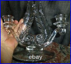 2 Vtg Elegant Fostoria Glass Plume Feather Design Double Light Candlesticks Set