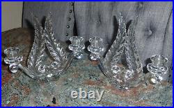 2 Vtg Elegant Fostoria Glass Plume Feather Design Double Light Candlesticks Set