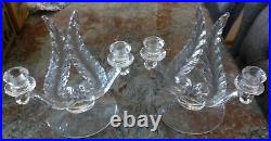 2 Vtg Elegant Fostoria Glass Plume Feather Design Double Light Candlesticks Set