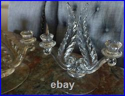 2 Vtg Elegant Fostoria Glass Plume Feather Design Double Light Candlesticks Set