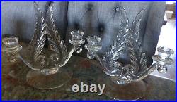 2 Vtg Elegant Fostoria Glass Plume Feather Design Double Light Candlesticks Set