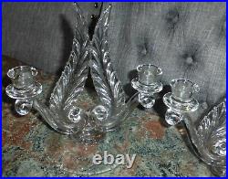 2 Vtg Elegant Fostoria Glass Plume Feather Design Double Light Candlesticks Set