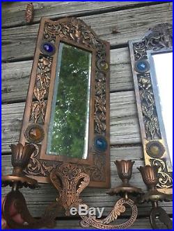2 Vtg Jeweled Cherub Victorian Mirror Cast Iron Ornate Candle Stick Wall Sconce