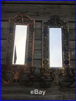 2 Vtg Jeweled Cherub Victorian Mirror Cast Iron Ornate Candle Stick Wall Sconce