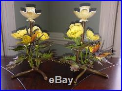 2 Vtg Tole Toleware Candle Stick Holder Yellow Buttercup Flowers Butterfly Italy